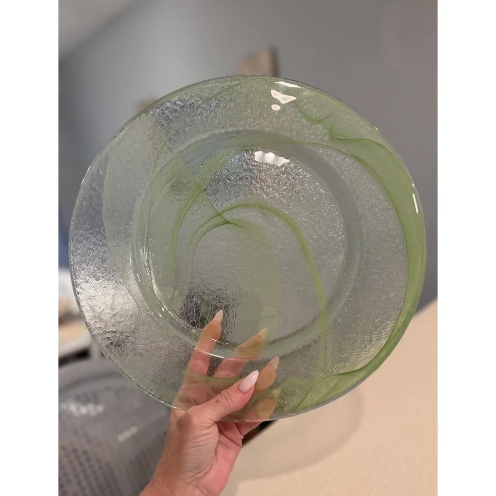 1 LVB1 Green Swirl Charger Service Plater Plate Blown Glass Vintage MCM Art Deco